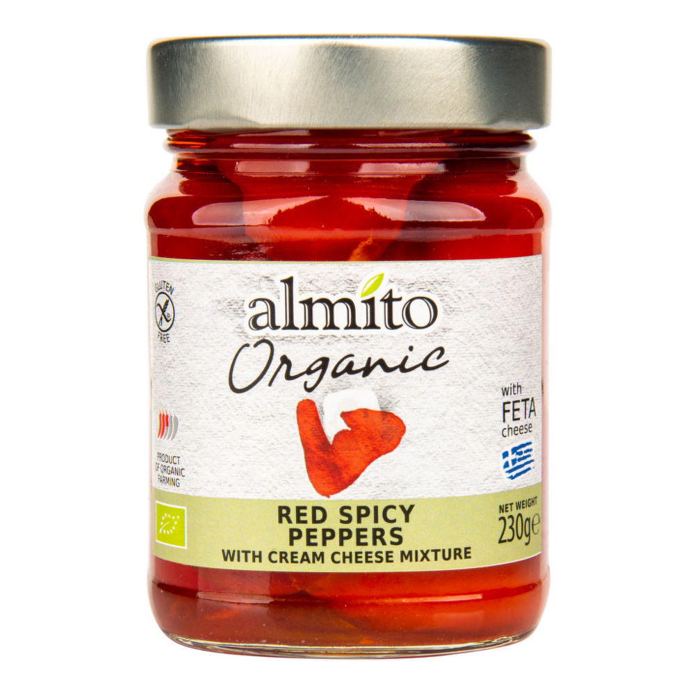 Papriky červené pikantní plněné sýrem 230 g BIO   ALMITO Almi