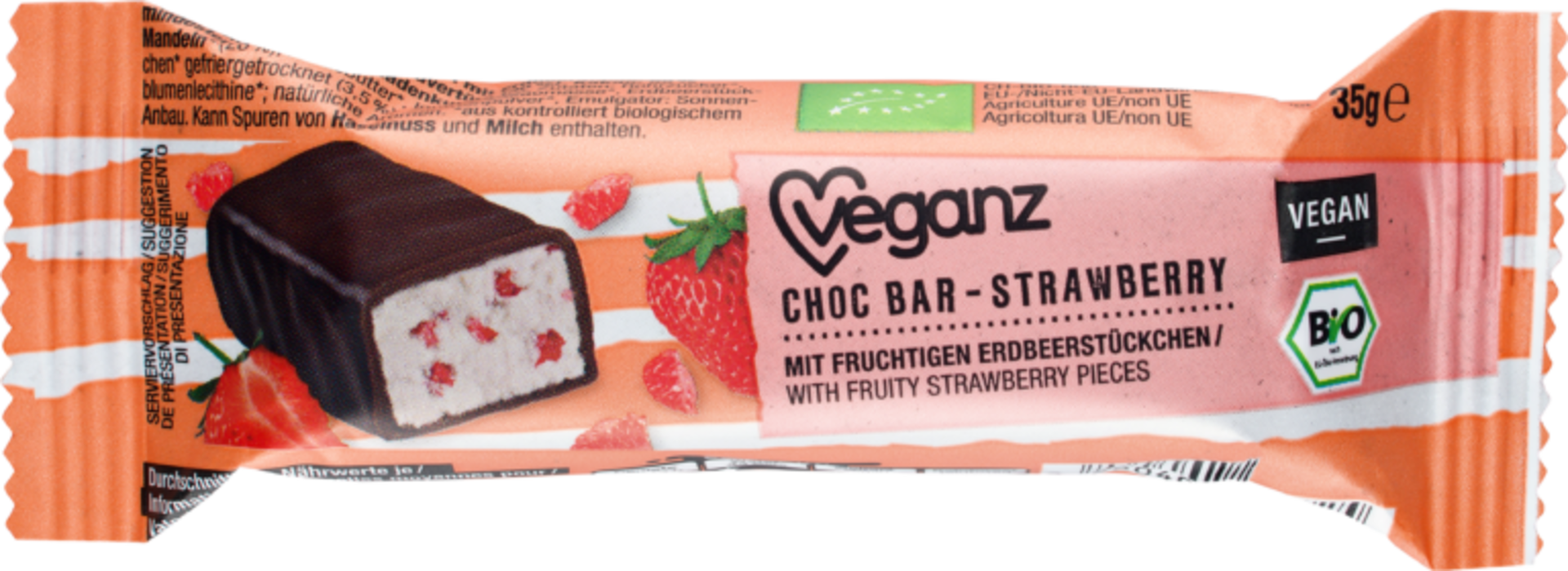 Veganz Čokoládová tyčinka s jahodami BIO 35 g