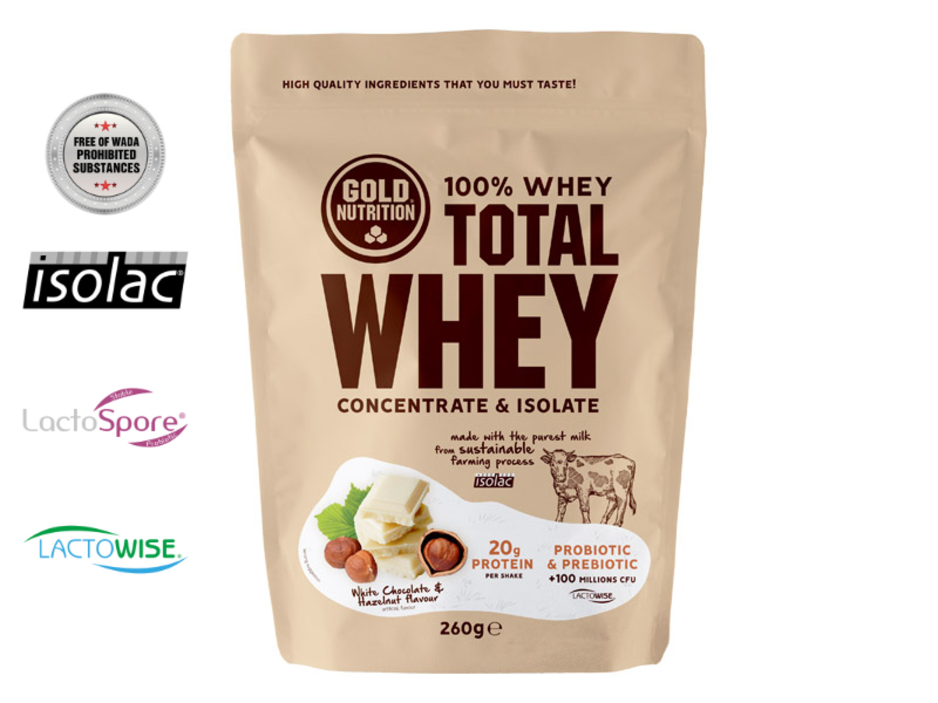 Gold Nutrition Total whey protein bílá čokoláda a lískový oříšek 260 g