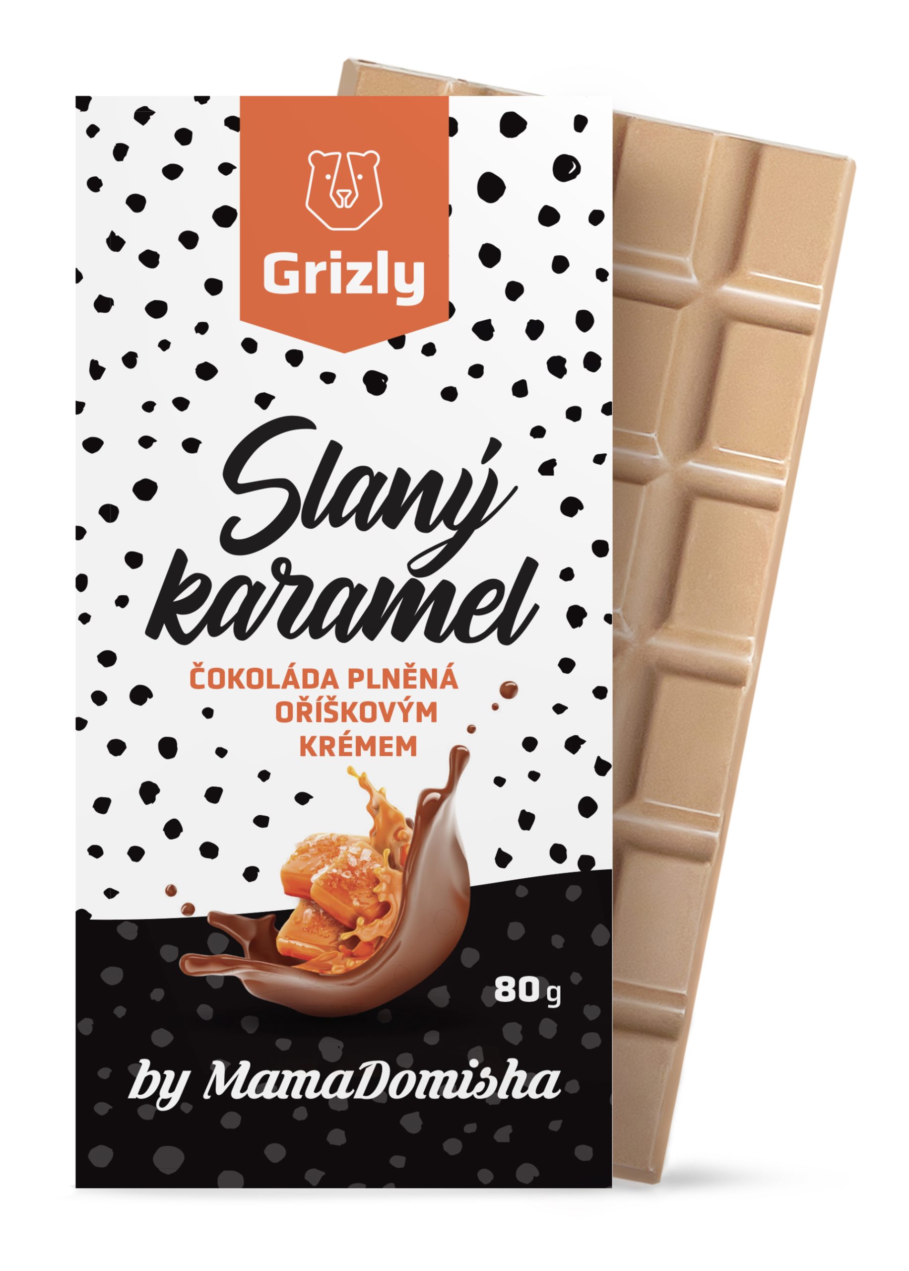 GRIZLY Bílá karamelová čokoláda plněná oříškovým krémem Slaný karamel by @mamadomisha 80 g