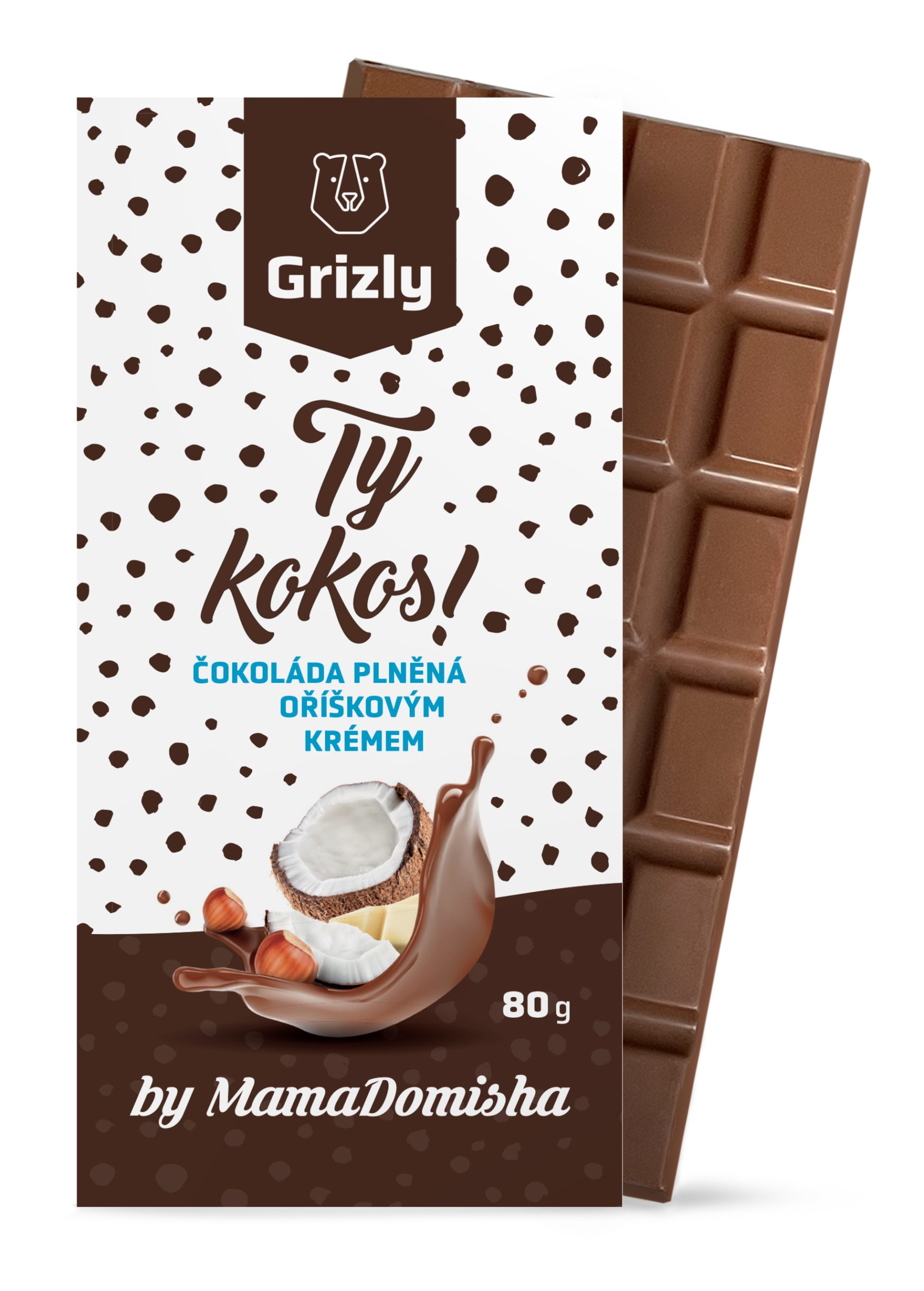 GRIZLY Mléčná čokoláda plněná oříškovým krémem Ty kokos! by @mamadomisha 80 g - 5+1 zdarma