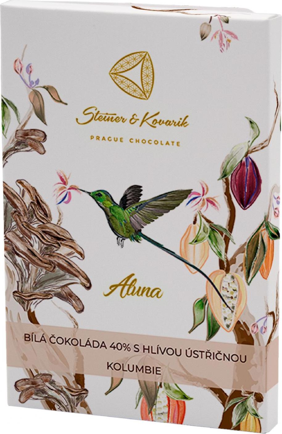 Steiner & Kovarik Aluna bílá bean to bar čokoláda 40% s hlívou ústřičnou a pomerančovým aroma 70 g