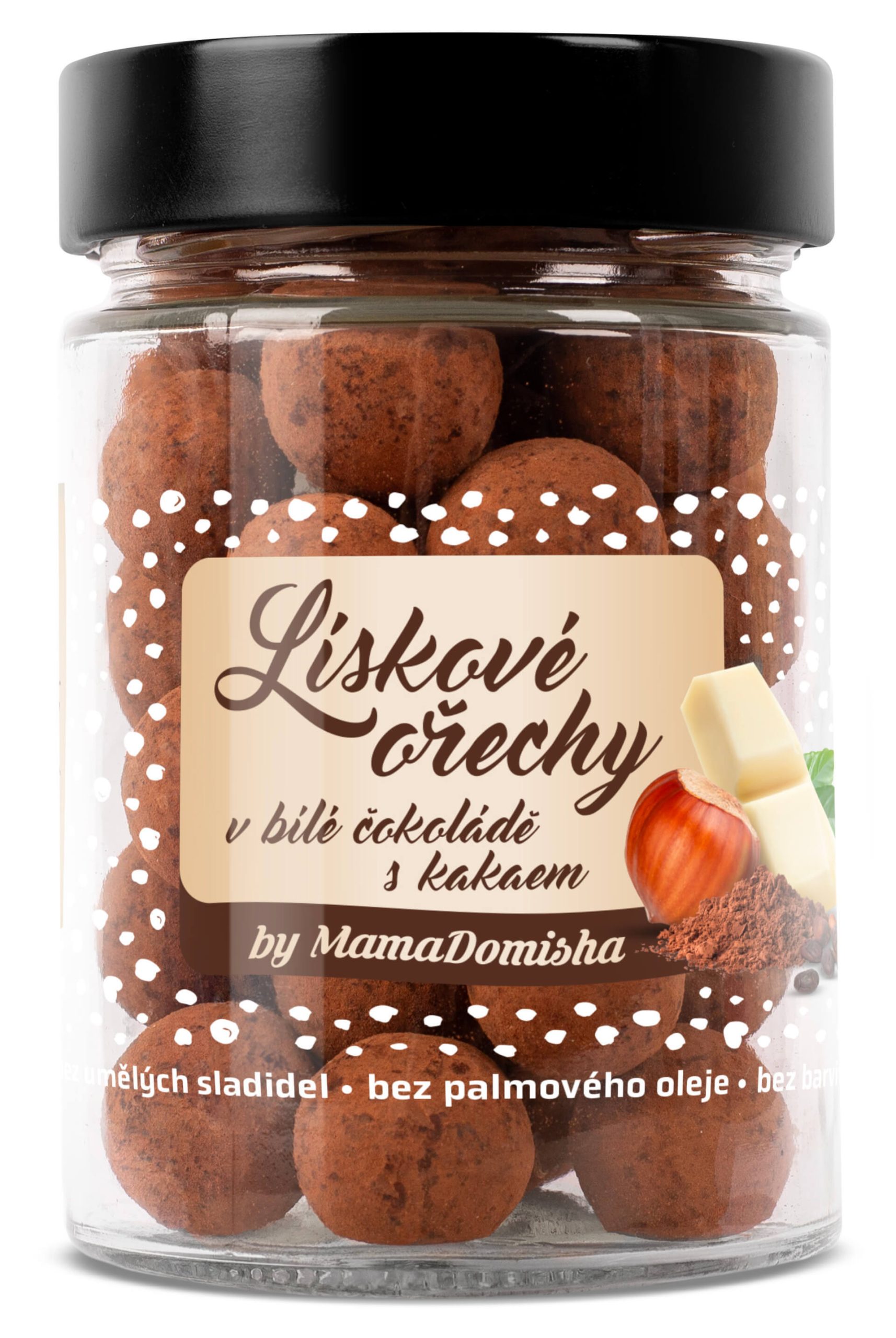 GRIZLY Lískové ořechy v bílé čokoládě a kakau by MamaDomisha 120 g expirace